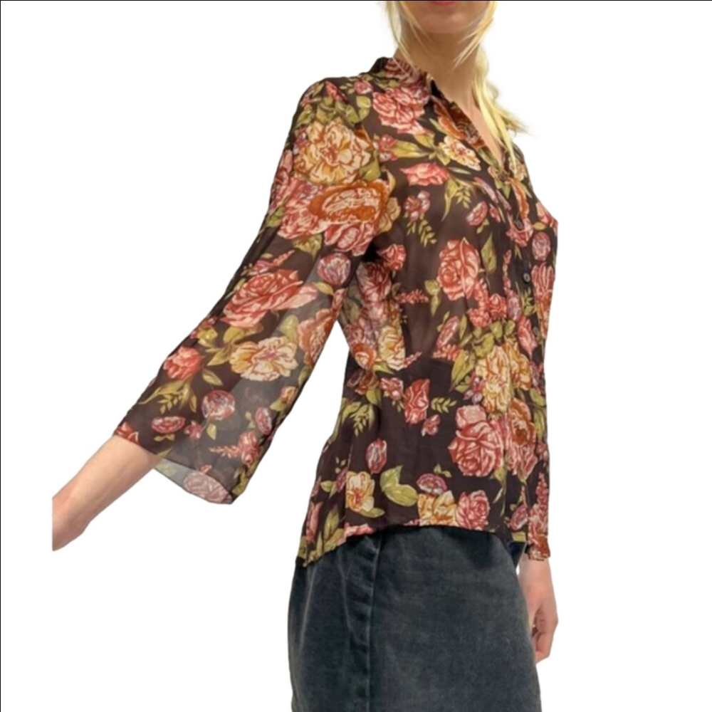 CAbi Pure Silk Top Floral Pintucked Velvet Buttoned Shirt Brown Womens Medium